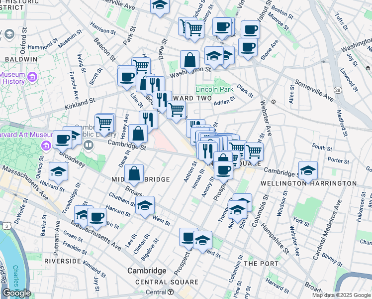 map of restaurants, bars, coffee shops, grocery stores, and more near 28 Beacon Street in Somerville