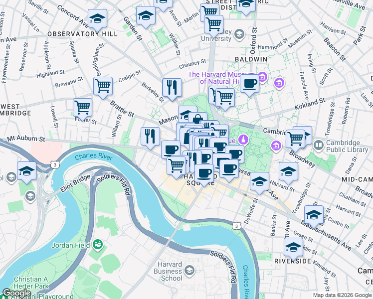 map of restaurants, bars, coffee shops, grocery stores, and more near 64 Brattle Street in Cambridge