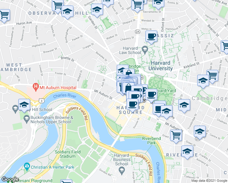 map of restaurants, bars, coffee shops, grocery stores, and more near 64 Brattle Street in Cambridge