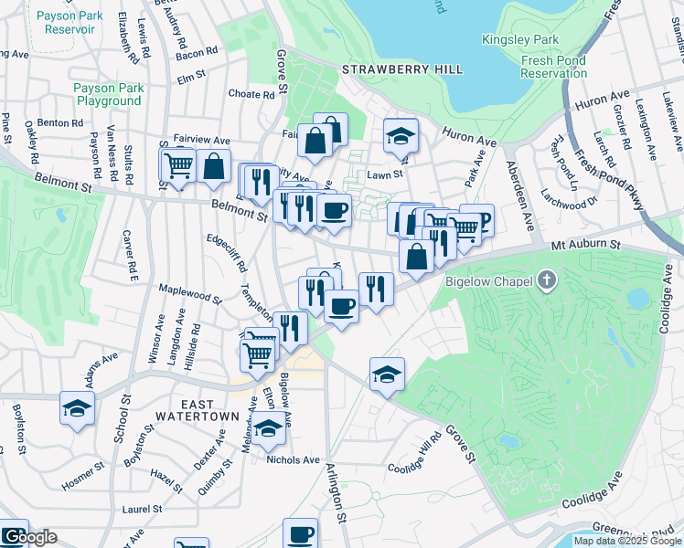 map of restaurants, bars, coffee shops, grocery stores, and more near 120 Belmont Street in Watertown