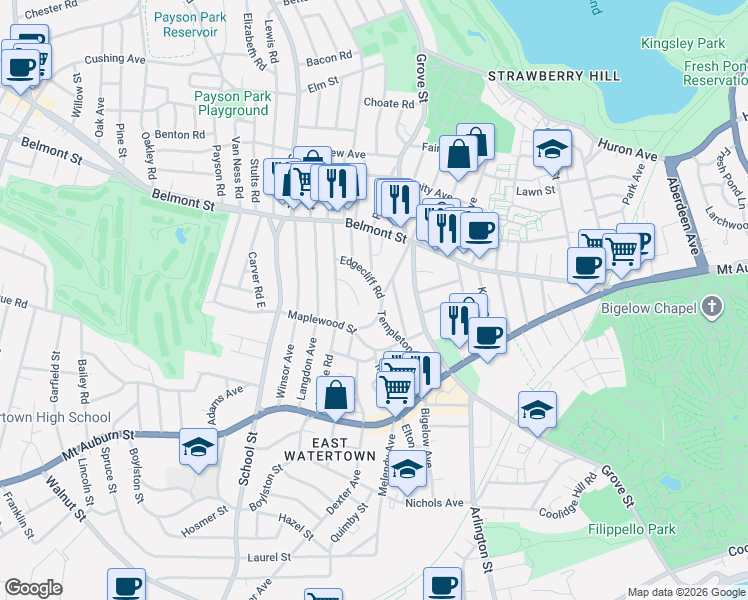 map of restaurants, bars, coffee shops, grocery stores, and more near 44 Woodleigh Road in Watertown