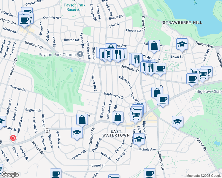 map of restaurants, bars, coffee shops, grocery stores, and more near 121 Winsor Avenue in Watertown