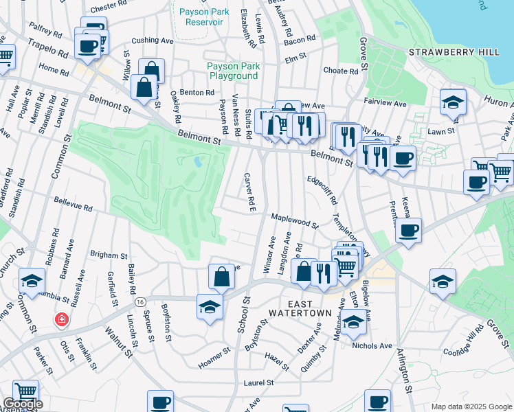 map of restaurants, bars, coffee shops, grocery stores, and more near 370 School Street in Watertown