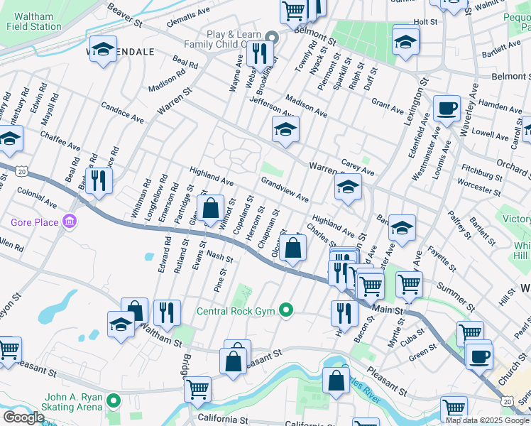 map of restaurants, bars, coffee shops, grocery stores, and more near 67 Copeland Street in Watertown