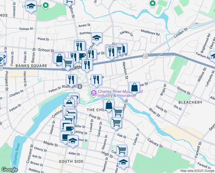 map of restaurants, bars, coffee shops, grocery stores, and more near 70 Central Street in Waltham