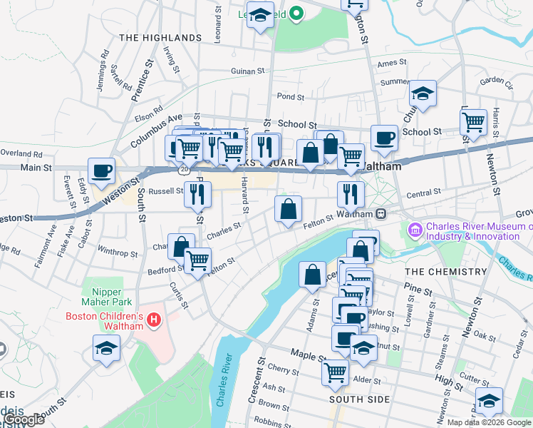 map of restaurants, bars, coffee shops, grocery stores, and more near 10 Russell Street in Waltham