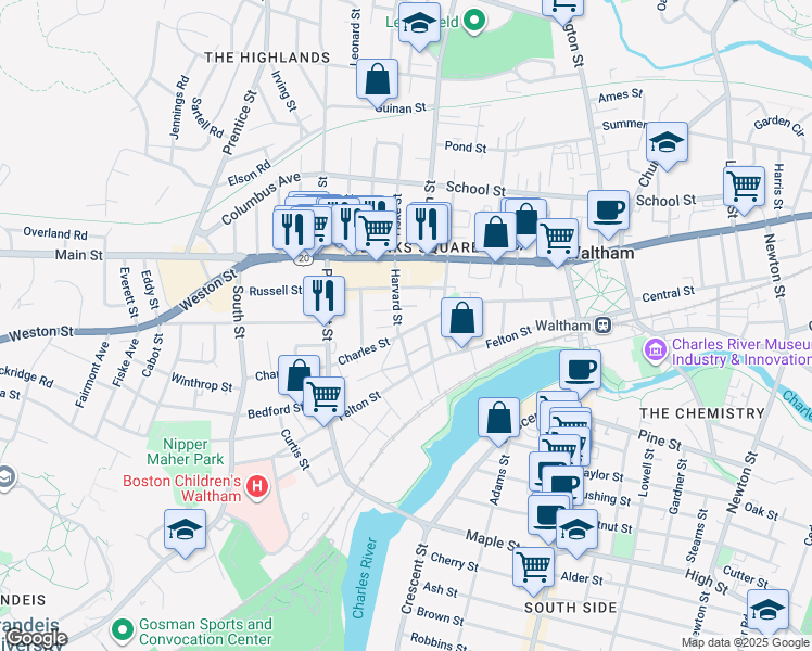 map of restaurants, bars, coffee shops, grocery stores, and more near 35 Harvard Street in Waltham