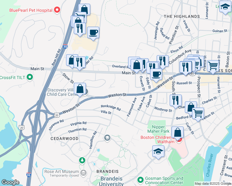 map of restaurants, bars, coffee shops, grocery stores, and more near in Waltham