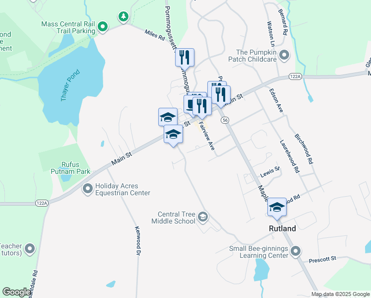 map of restaurants, bars, coffee shops, grocery stores, and more near 279 Main Street in Rutland
