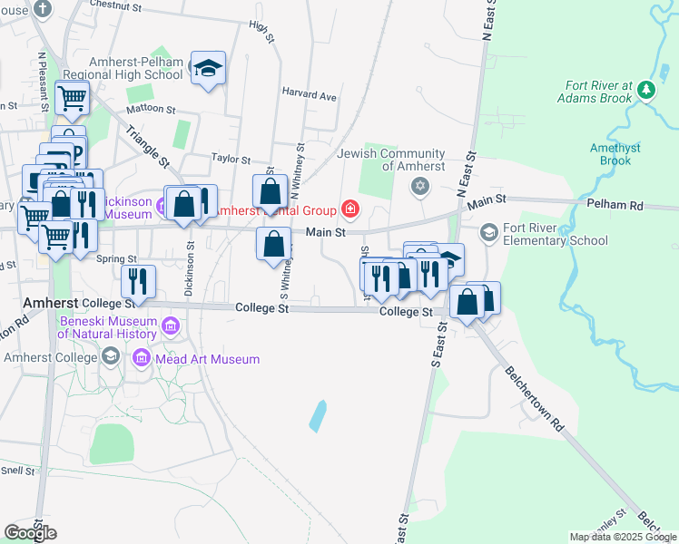 map of restaurants, bars, coffee shops, grocery stores, and more near 17 Shumway Street in Amherst