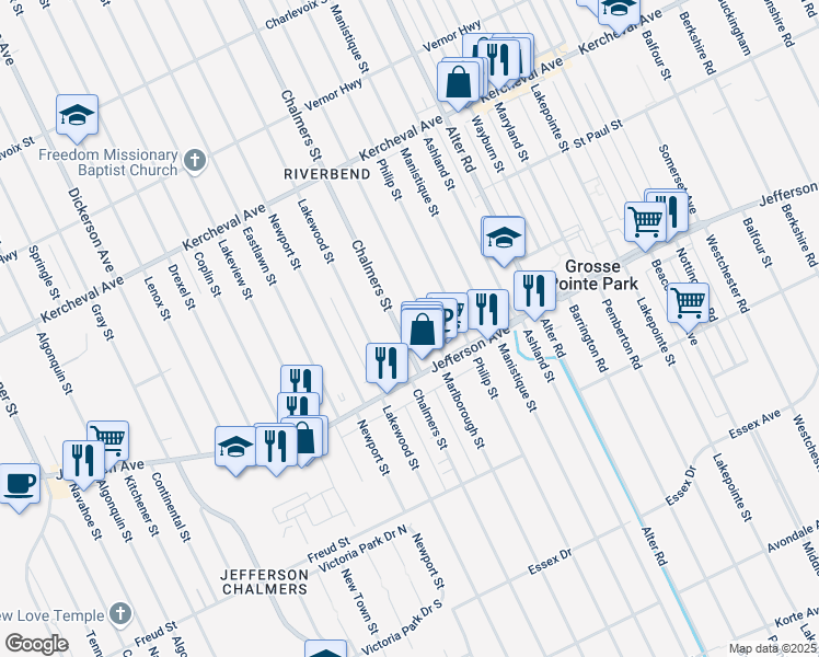 map of restaurants, bars, coffee shops, grocery stores, and more near 1114 Marlborough Street in Detroit