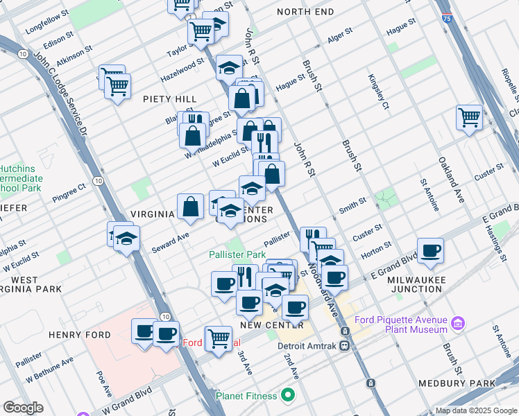 map of restaurants, bars, coffee shops, grocery stores, and more near 54 Seward Avenue in Detroit