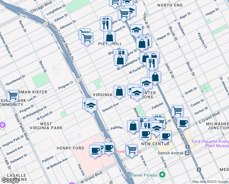map of restaurants, bars, coffee shops, grocery stores, and more near 680 Virginia Park Street in Detroit