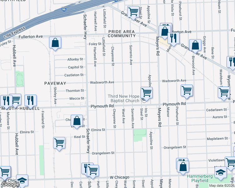map of restaurants, bars, coffee shops, grocery stores, and more near 11731 Ward Avenue in Detroit