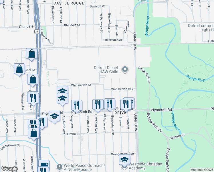 map of restaurants, bars, coffee shops, grocery stores, and more near 12071 Beaverland Street in Detroit