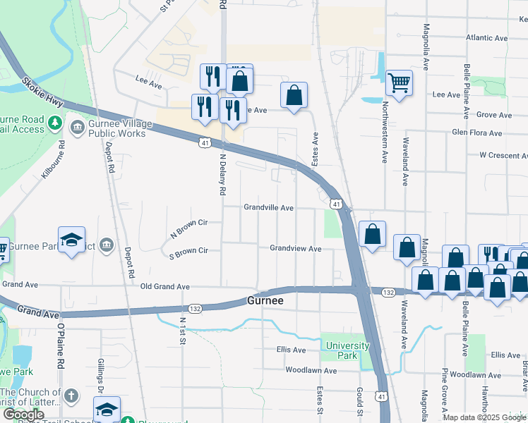 map of restaurants, bars, coffee shops, grocery stores, and more near 1040 Blackburn Street in Gurnee