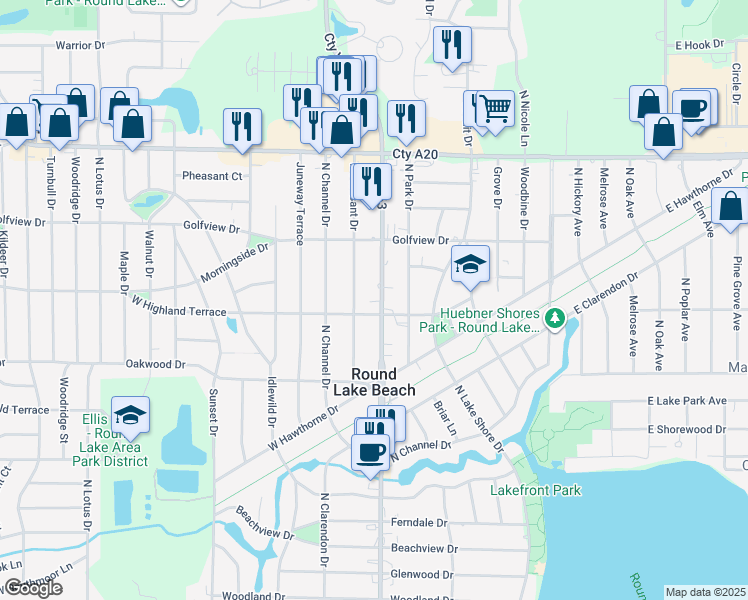 map of restaurants, bars, coffee shops, grocery stores, and more near 1425 North Pleasant Drive in Round Lake Beach
