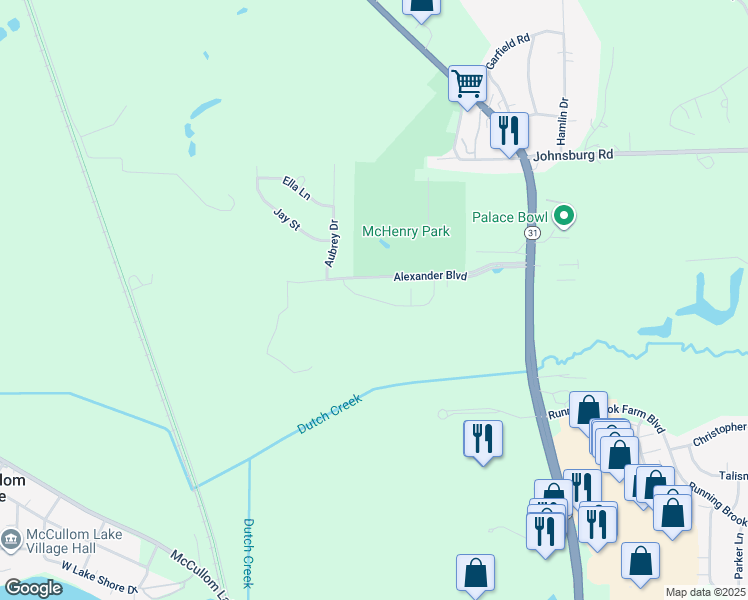 map of restaurants, bars, coffee shops, grocery stores, and more near 3302 Aubrey Drive in Johnsburg