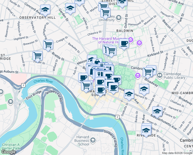 map of restaurants, bars, coffee shops, grocery stores, and more near 17 Farwell Place in Cambridge