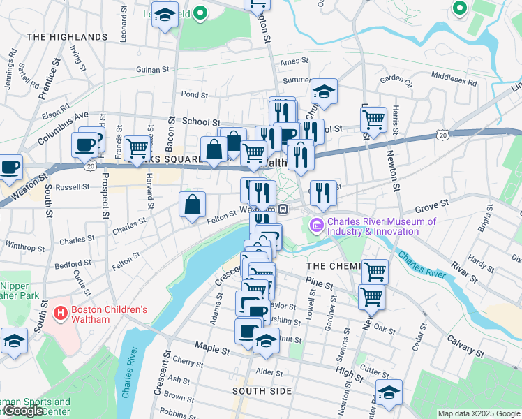 map of restaurants, bars, coffee shops, grocery stores, and more near 75 Moody Street in Waltham