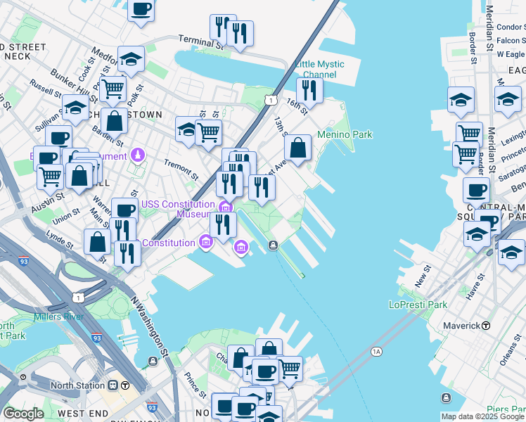 map of restaurants, bars, coffee shops, grocery stores, and more near 114 16th Street in Boston