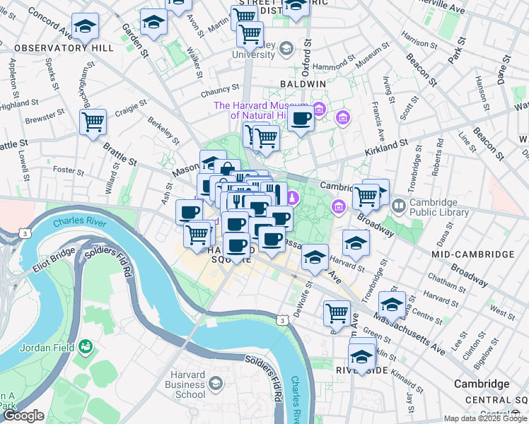 map of restaurants, bars, coffee shops, grocery stores, and more near 23 Church Street in Cambridge