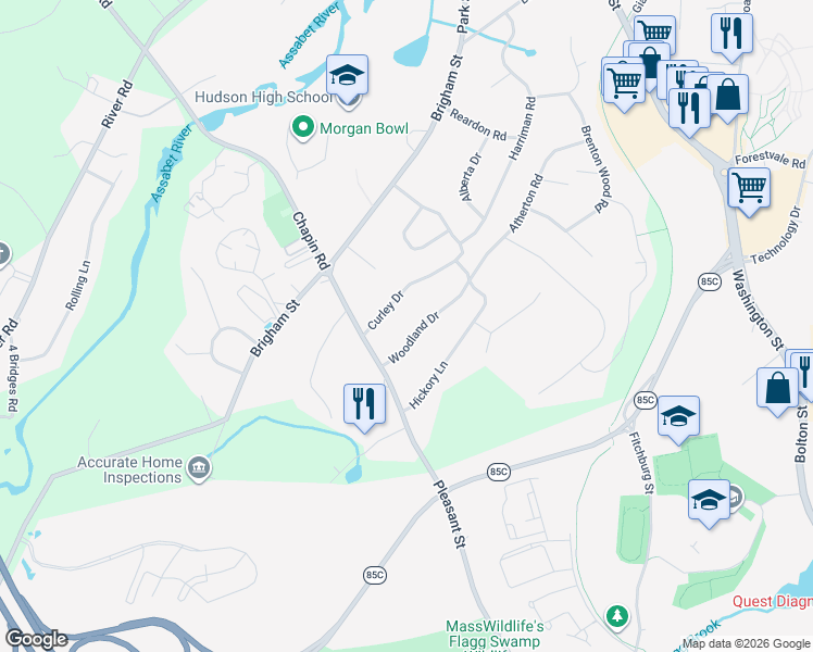 map of restaurants, bars, coffee shops, grocery stores, and more near 14 Woodland Drive in Hudson