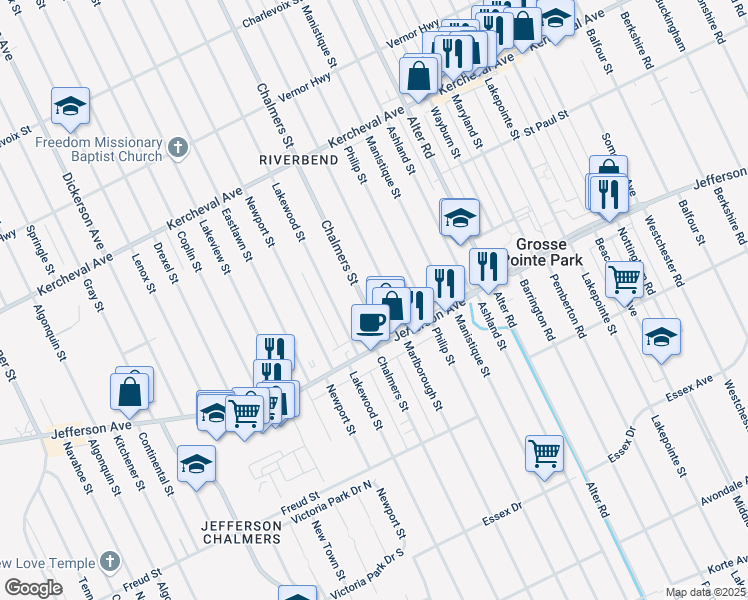 map of restaurants, bars, coffee shops, grocery stores, and more near 1114 Marlborough Street in Detroit