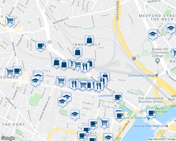 map of restaurants, bars, coffee shops, grocery stores, and more near 21 McGrath Highway in Somerville