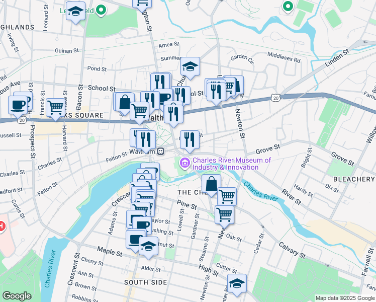 map of restaurants, bars, coffee shops, grocery stores, and more near 431 River Street in Waltham