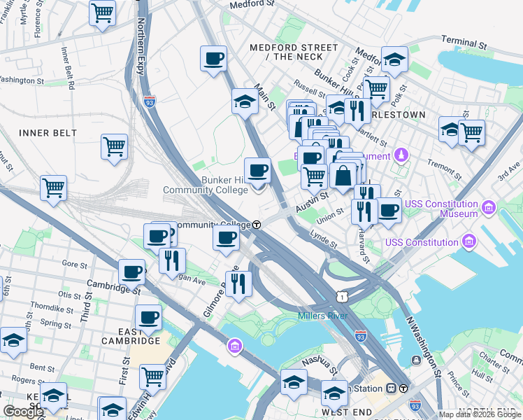 map of restaurants, bars, coffee shops, grocery stores, and more near 250 New Rutherford Avenue in Boston