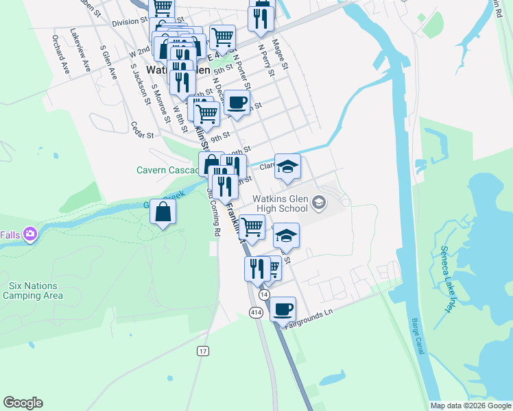map of restaurants, bars, coffee shops, grocery stores, and more near 115 12th Street in Watkins Glen