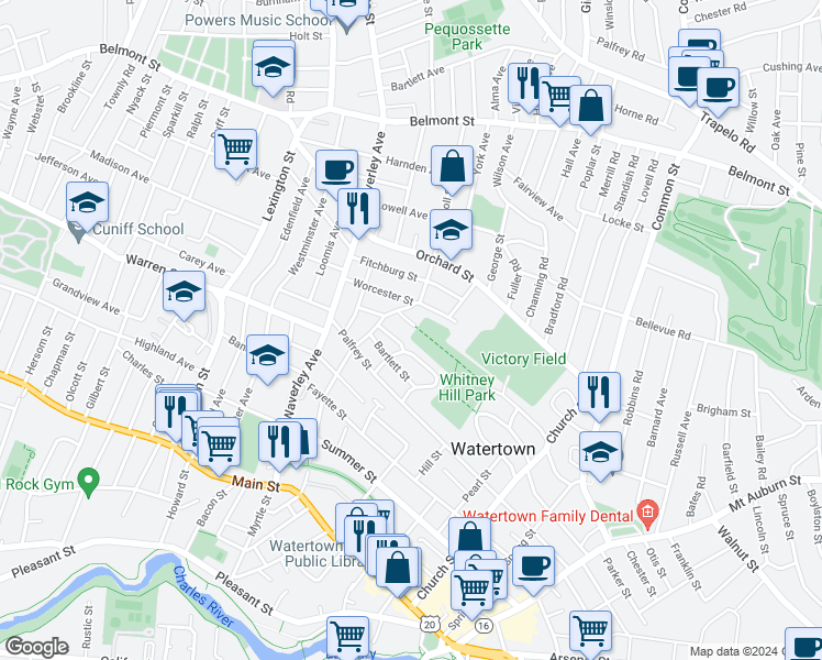 map of restaurants, bars, coffee shops, grocery stores, and more near 19 Marlboro Terrace in Watertown