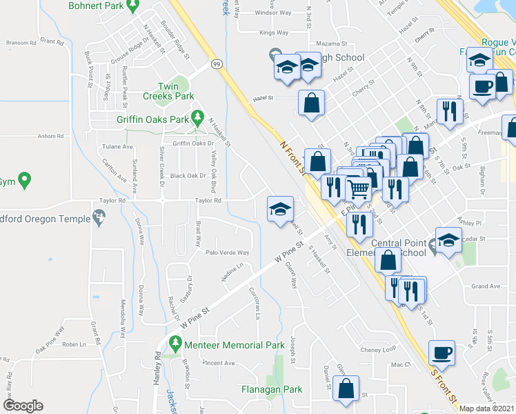 map of restaurants, bars, coffee shops, grocery stores, and more near 367 Jan's Court in Central Point