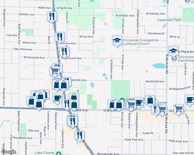 map of restaurants, bars, coffee shops, grocery stores, and more near 3070 West Grandville Avenue in Waukegan