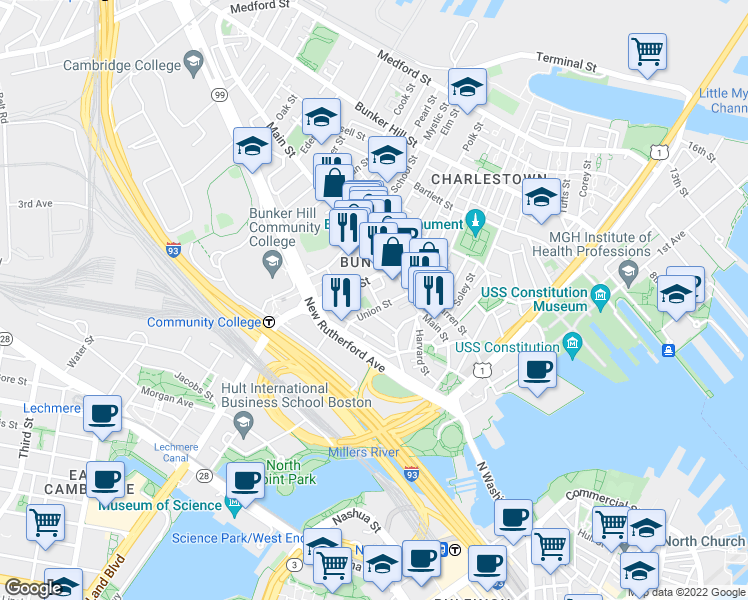 map of restaurants, bars, coffee shops, grocery stores, and more near 8 Lawrence Street in Boston