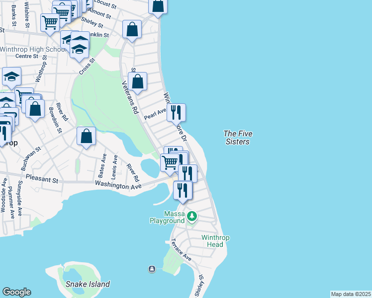 map of restaurants, bars, coffee shops, grocery stores, and more near 90 Winthrop Shore Drive in Winthrop