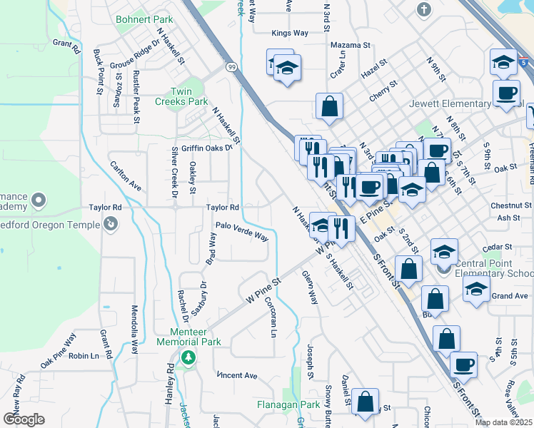 map of restaurants, bars, coffee shops, grocery stores, and more near 364 Jan's Court in Central Point