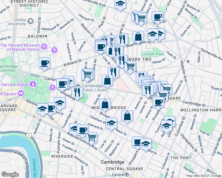 map of restaurants, bars, coffee shops, grocery stores, and more near Cambridge St & Leonard Ave in Cambridge