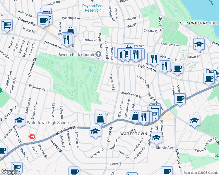 map of restaurants, bars, coffee shops, grocery stores, and more near 61 Carver Road in Watertown