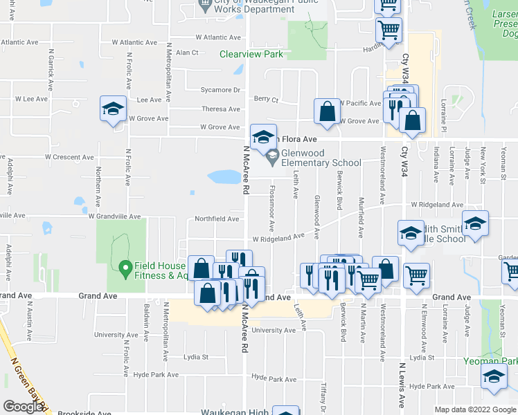map of restaurants, bars, coffee shops, grocery stores, and more near 1041 North McAree Road in Waukegan