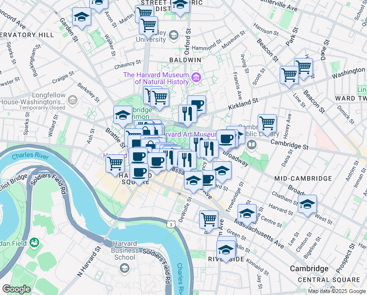 map of restaurants, bars, coffee shops, grocery stores, and more near 2 Kirkland Street in Cambridge