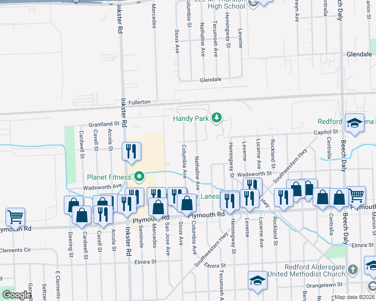 map of restaurants, bars, coffee shops, grocery stores, and more near 12206 Columbia in Redford Charter Township