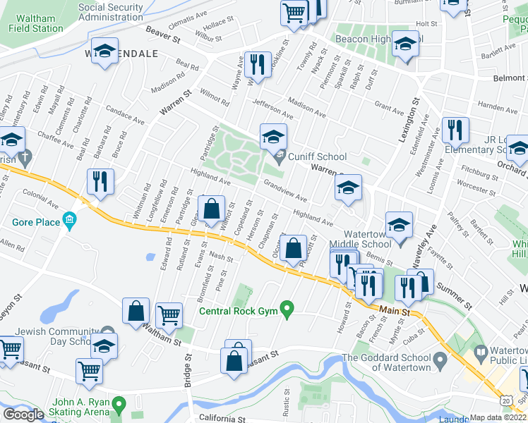 map of restaurants, bars, coffee shops, grocery stores, and more near 67 Copeland Street in Watertown