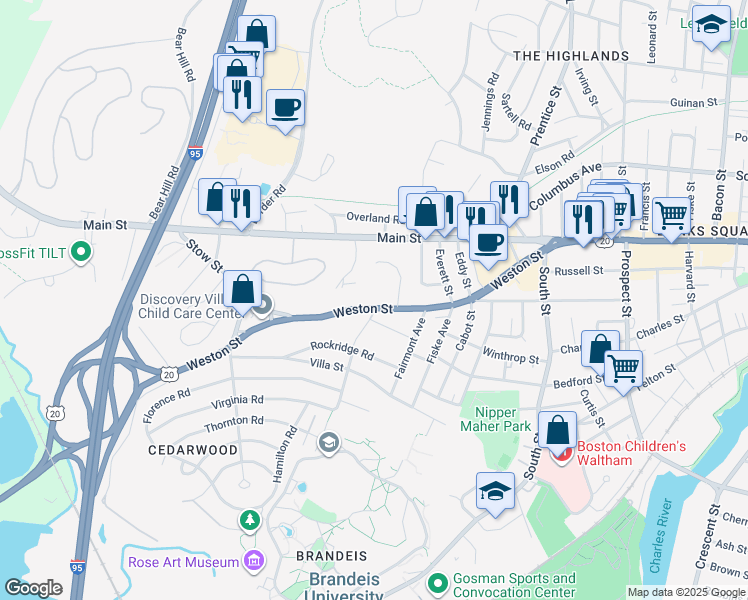 map of restaurants, bars, coffee shops, grocery stores, and more near in Waltham