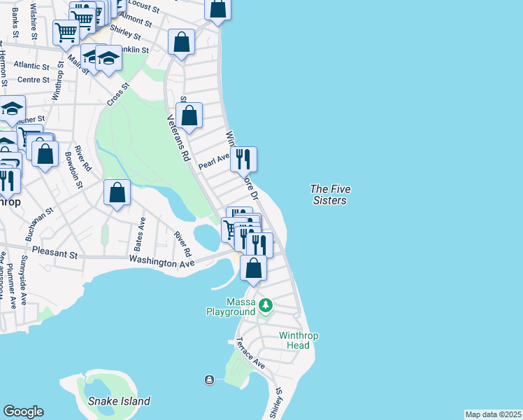 map of restaurants, bars, coffee shops, grocery stores, and more near 94 Winthrop Shore Drive in Winthrop