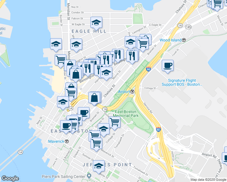 map of restaurants, bars, coffee shops, grocery stores, and more near 217 Chelsea Street in Boston
