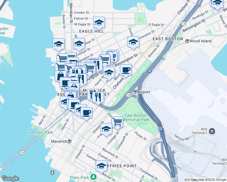 map of restaurants, bars, coffee shops, grocery stores, and more near 223 Marion Street in Boston