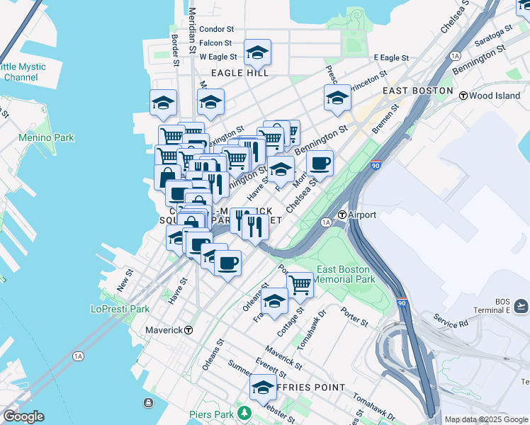 map of restaurants, bars, coffee shops, grocery stores, and more near 227 Havre Street in Boston