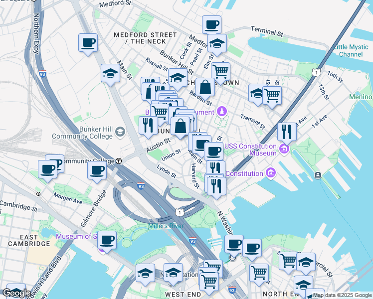 map of restaurants, bars, coffee shops, grocery stores, and more near in Boston